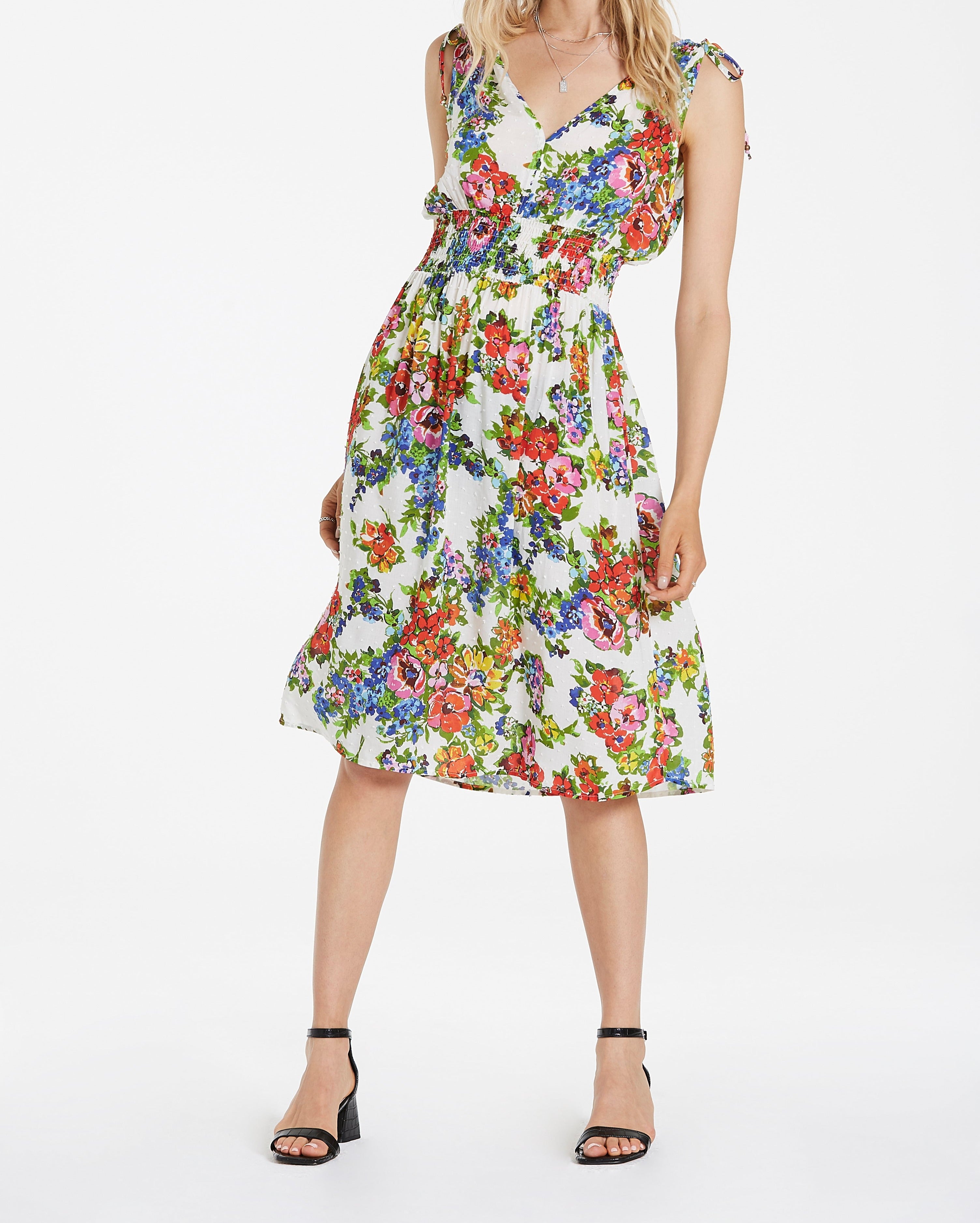 image of a female model wearing a WESLIE CINCHED TIE DRESS ROSEY POSEY DEAR JOHN DENIM 